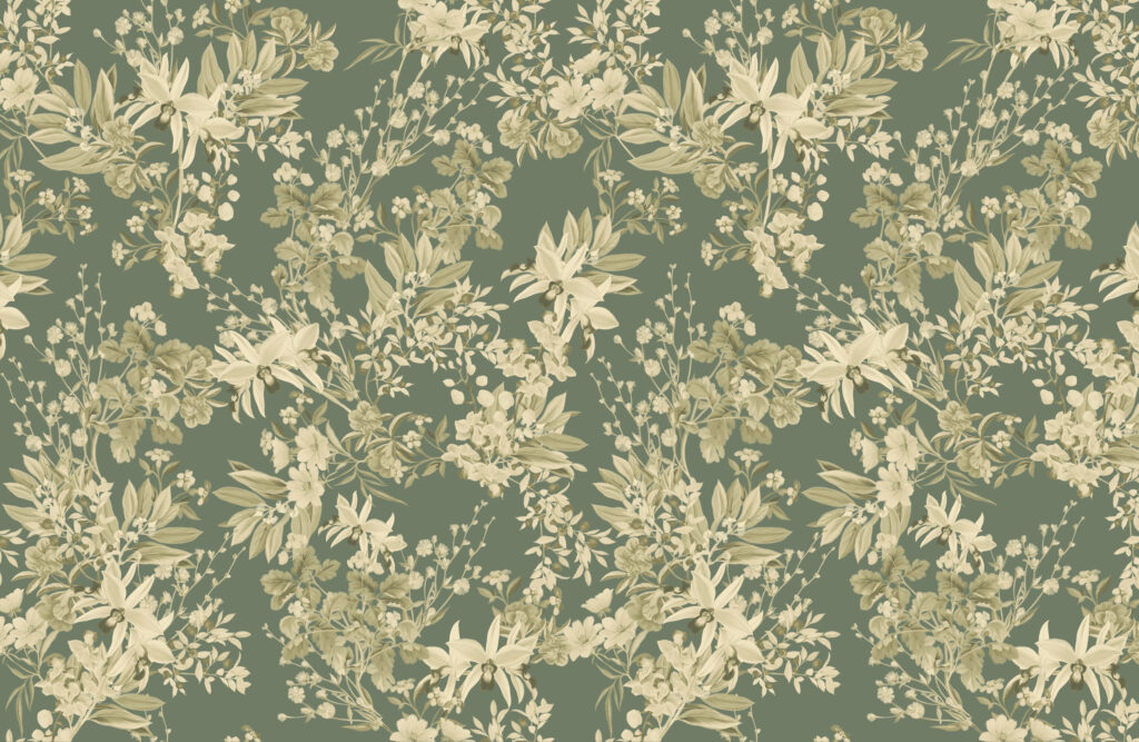 Iris Soft Green Wallpaper with beige and light cream floral design