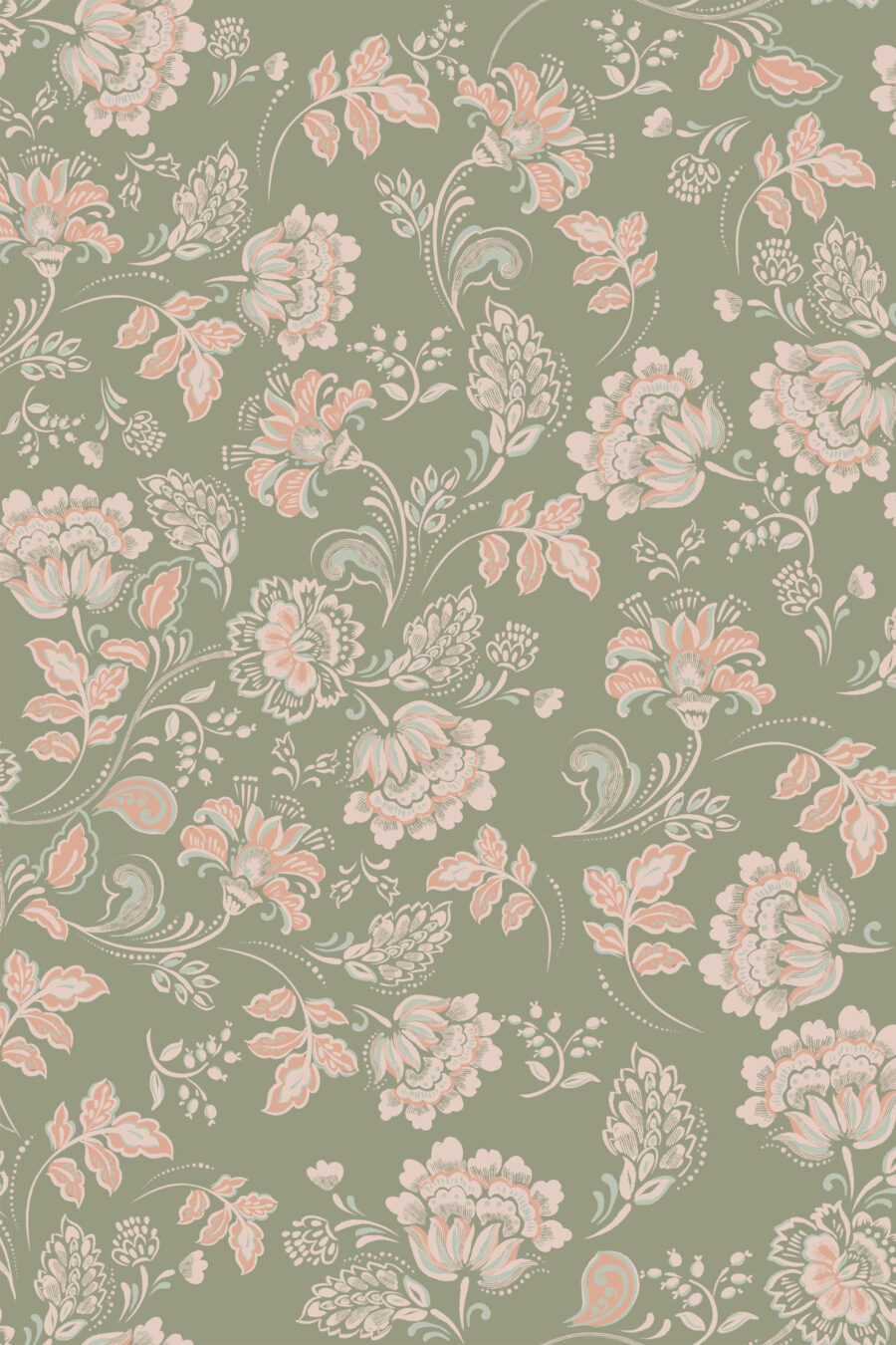 AMELIE LICHEN wallpaper olive green background with pink and beige flower design