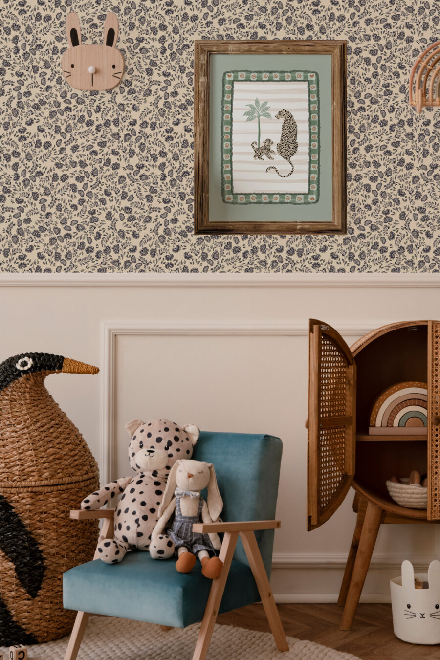 Annabelle Wallpaper Charcoal with beige background and grey floral pattern in a childs nirsery with prints ont he wall and toys and a giant rattan penguin and chidlrens chair. how many rolls of wallpaper do I need?
