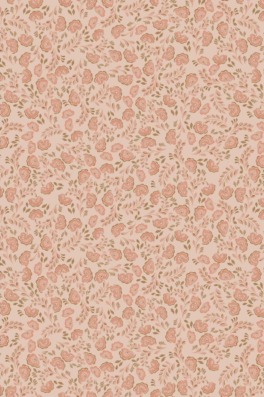 Annabelle peach wallpaper with light peach background and darker peach and green floral pattern