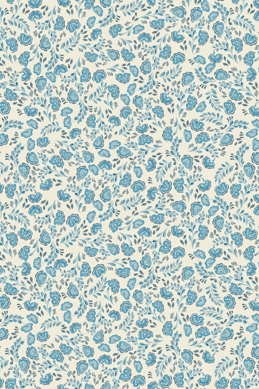 Annabelle teal wallpaper with cream background and light blue and grey floral design