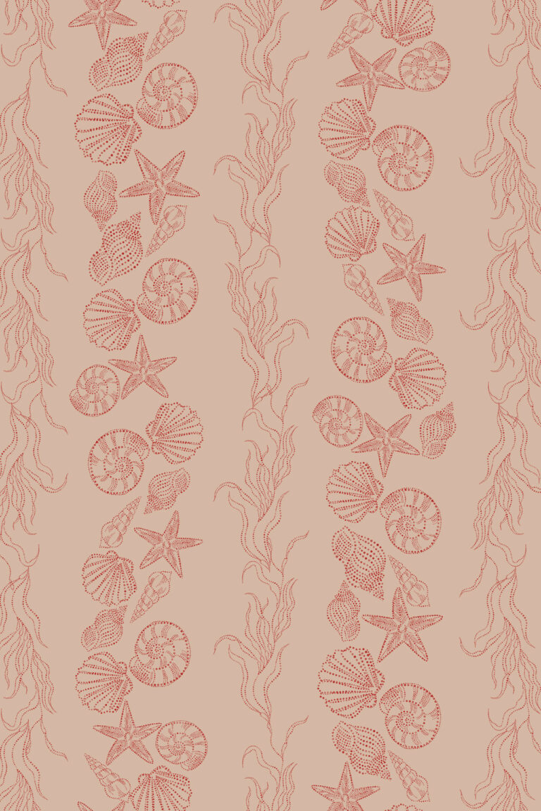 Bonnie Red wallpaper with seaside theme and shells and seaweed design on a light pink background