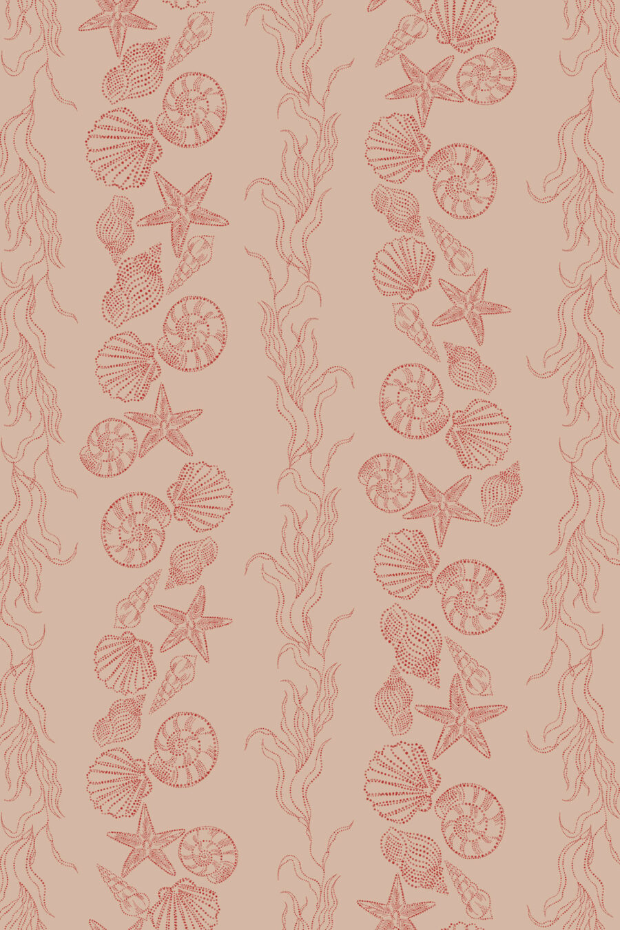 Bonnie Red wallpaper with seaside theme and shells and seaweed design on a light pink background