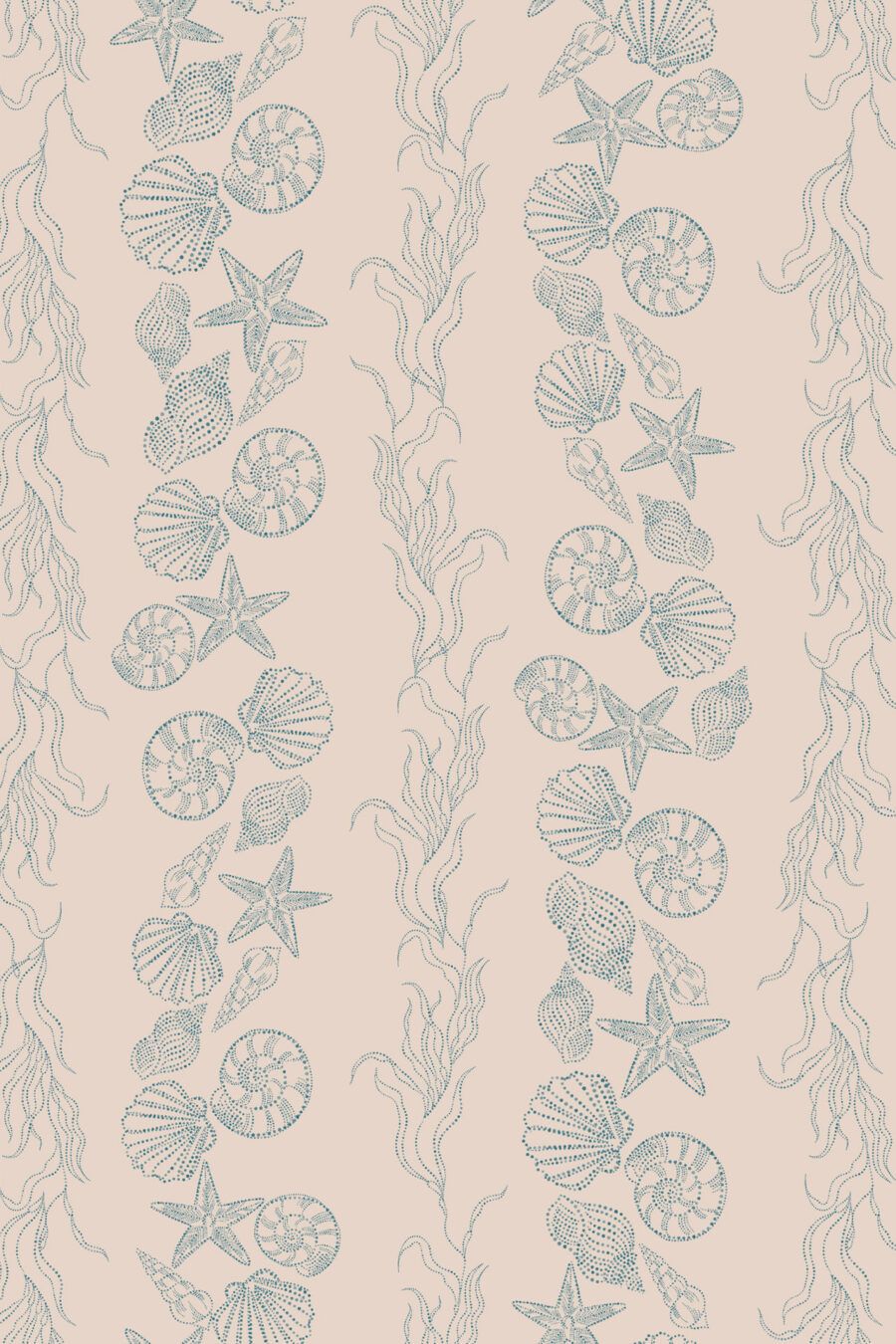 Bonnie Teal wallpaper with seaside theme and shells and seaweed design on a cream background