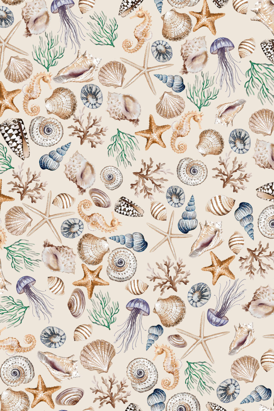 Charlotte Light cream wallpaper with a selection of shells, seaweed, starfish and seahorses in blue, beige, green