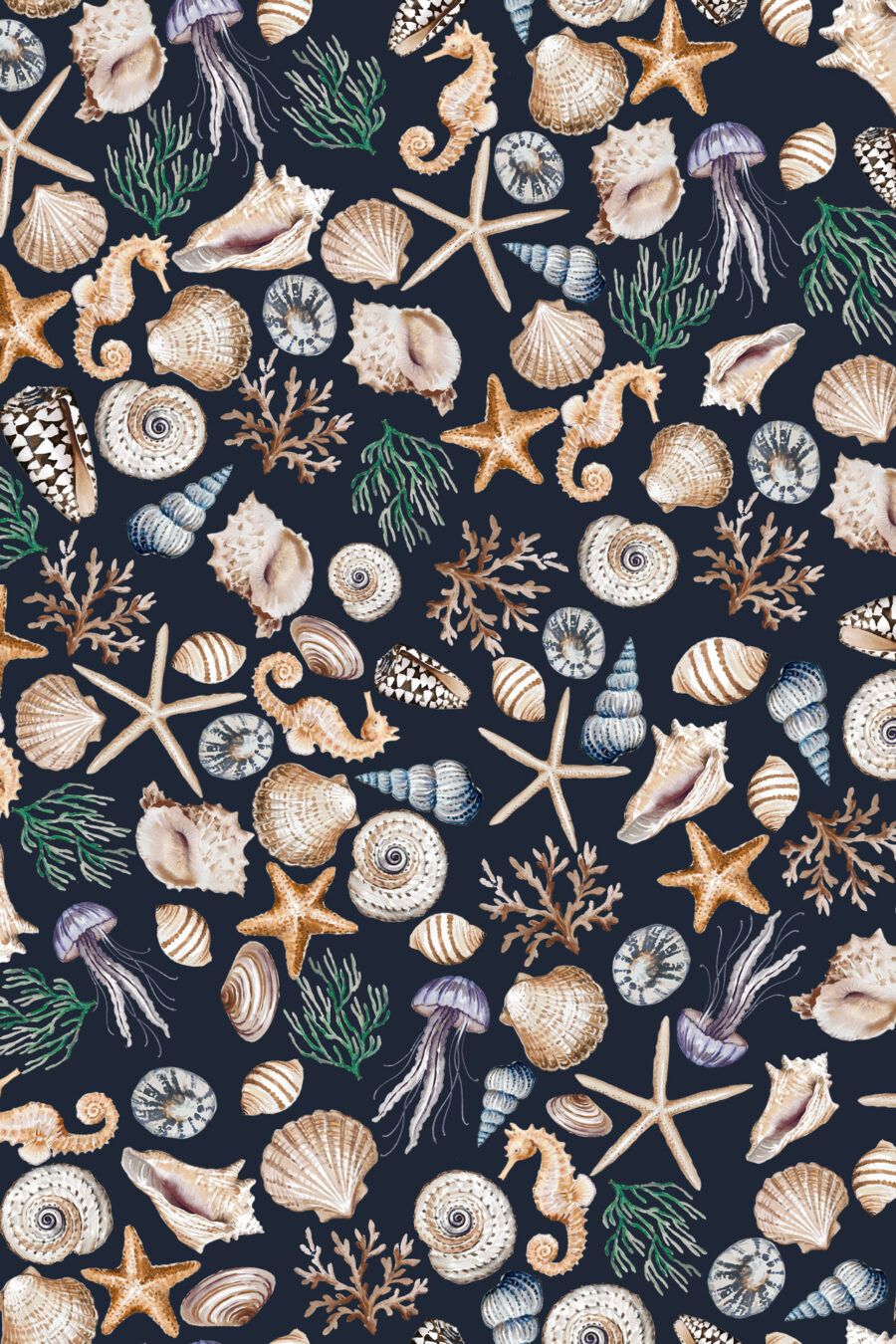 CHARLOTTE MIDNIGHT wallpaper with dark background and a selection of shells, seaweed, starfish and seahorses in blue, beige, green