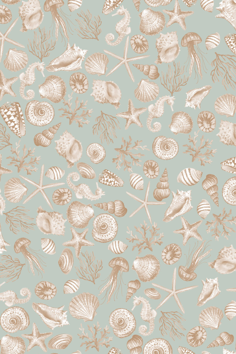 CHARLOTTE PEBBLE light green blue Wallpaper with a selection of shells, seaweed, starfish and seahorses in beige and white