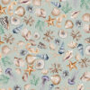 CHARLOTTE SOFTBLUE Wallpaper with a selection of shells, seaweed, starfish and seahorses in blue, beige, green