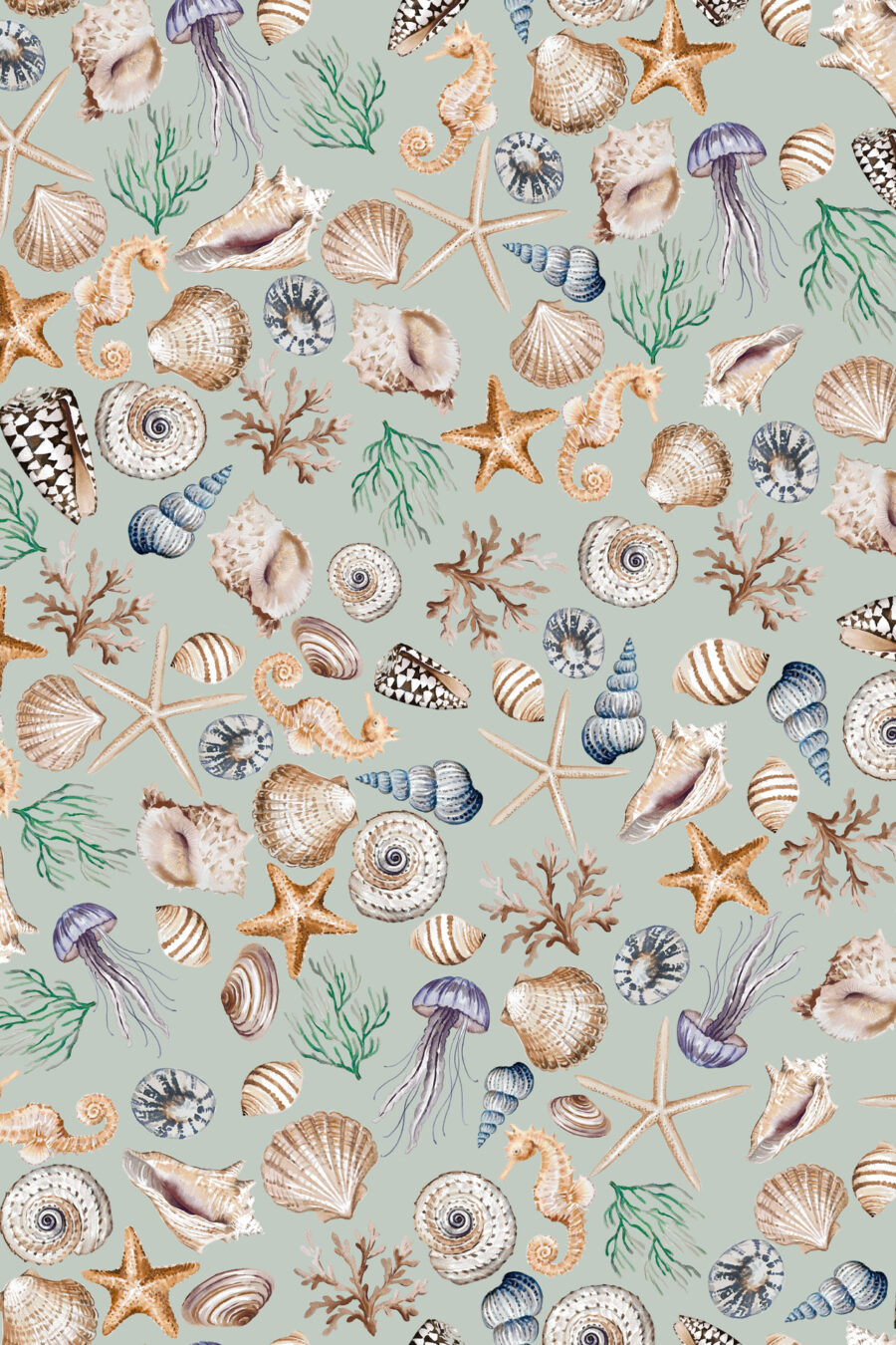 CHARLOTTE SOFTBLUE Wallpaper with a selection of shells, seaweed, starfish and seahorses in blue, beige, green