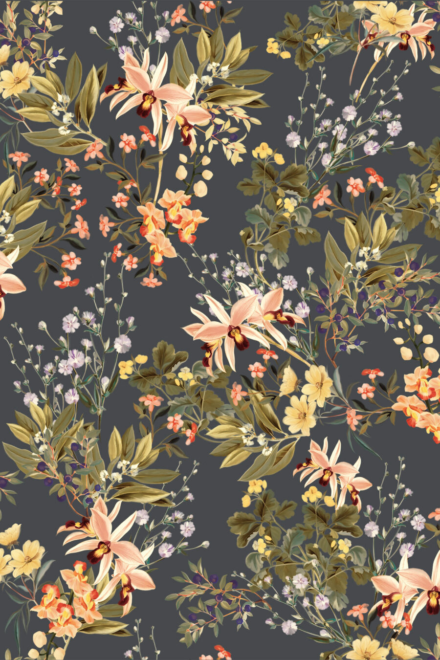 Iris midnight wallpaper with a dark background and green, pnk, yellow and blue flowers