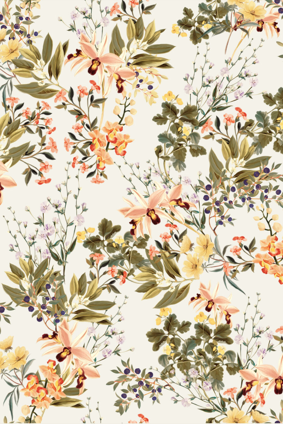 Iris of-white wallpaper with pink cream green and orange floral design
