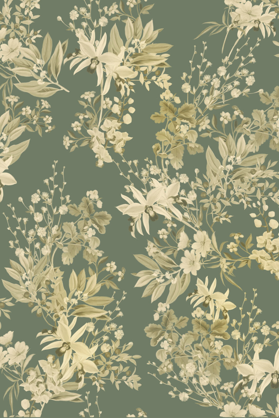 Iris Soft Green Wallpaper with beige and light green flowers