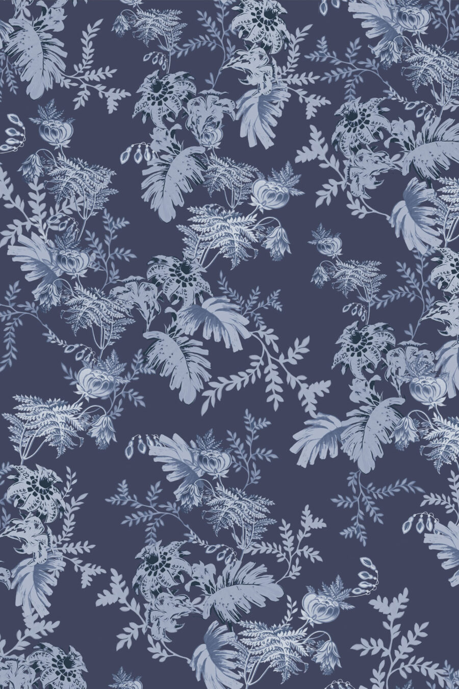 Mina dark blue wallpaper with light blue fern design