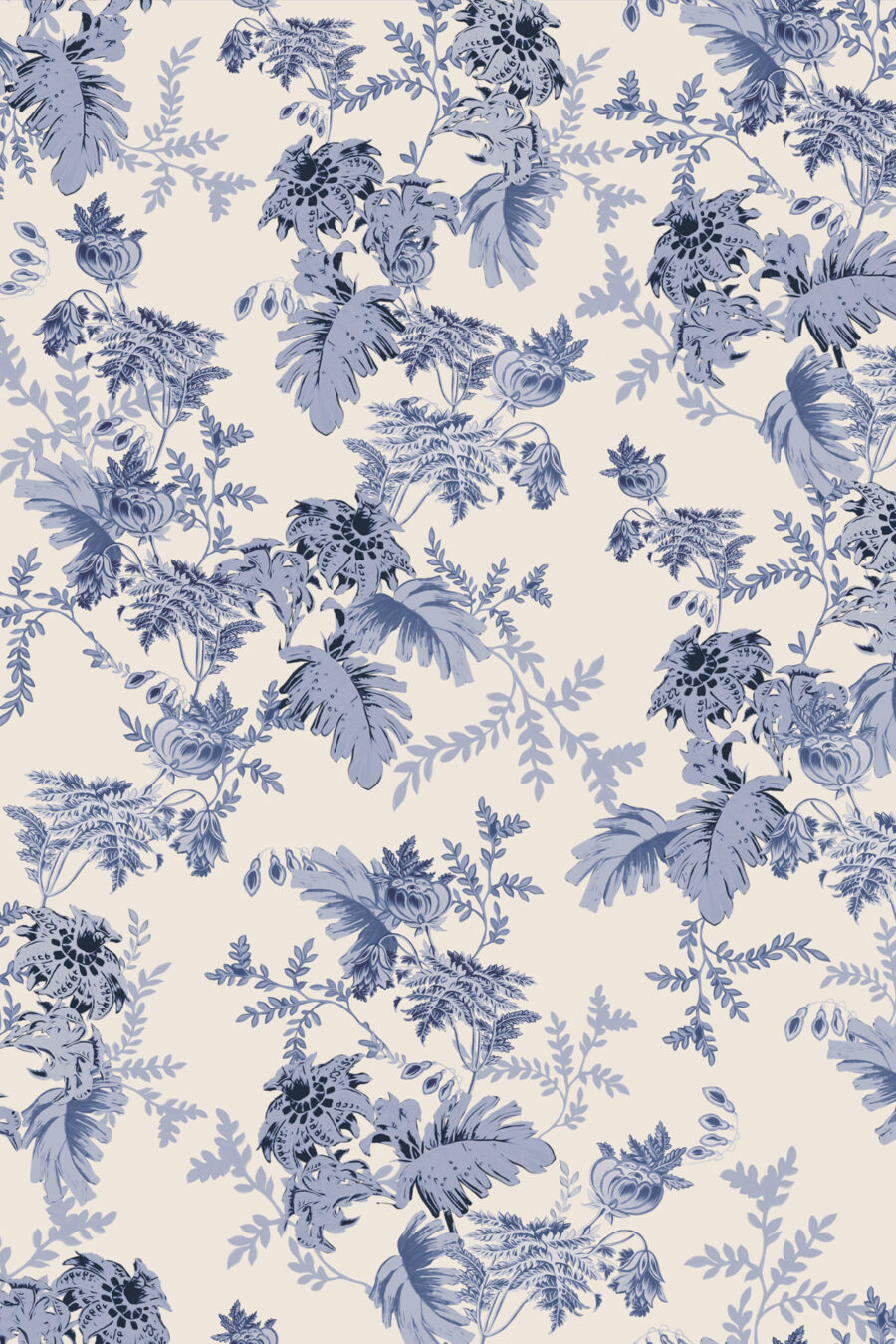 Mina light blue wallpaper with blue fern design with accent of black in the flowers