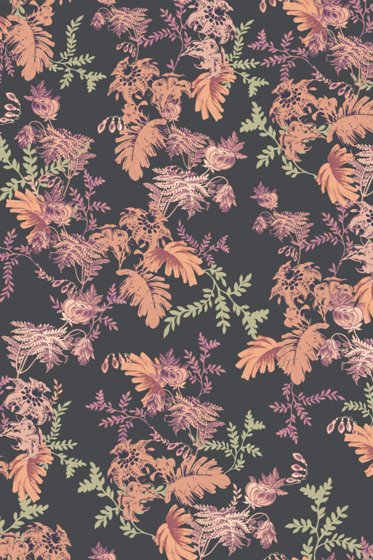 MINA MIDNIGHT wallpaper with dark background and orange, pink and green fern designs