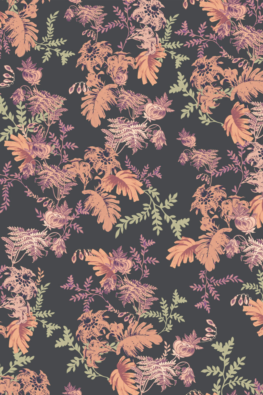 MINA MIDNIGHT wallpaper with dark background and orange, pink and green fern designs