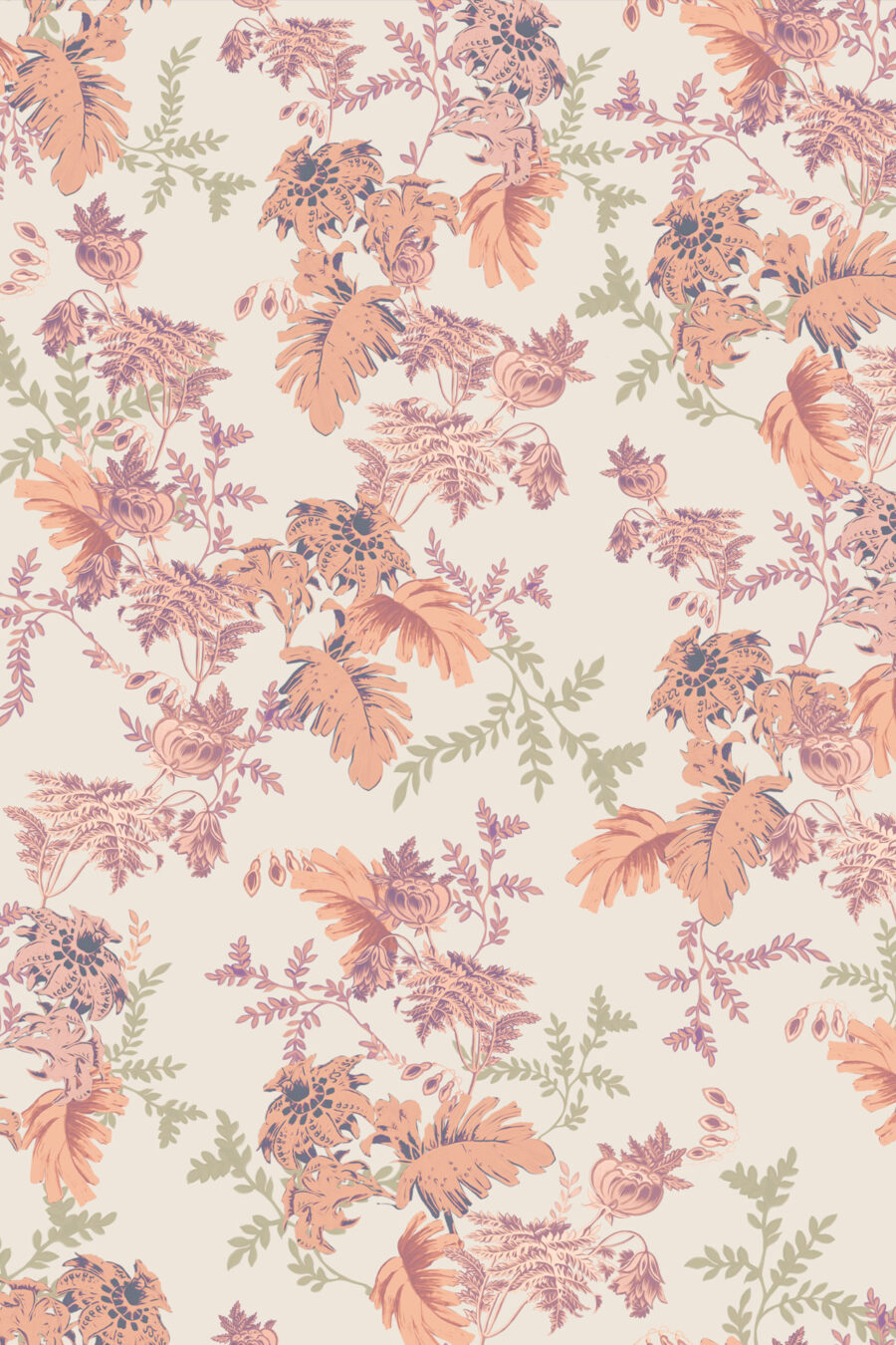 Mina off white wallpaper with light pink, green and muted orange fern design