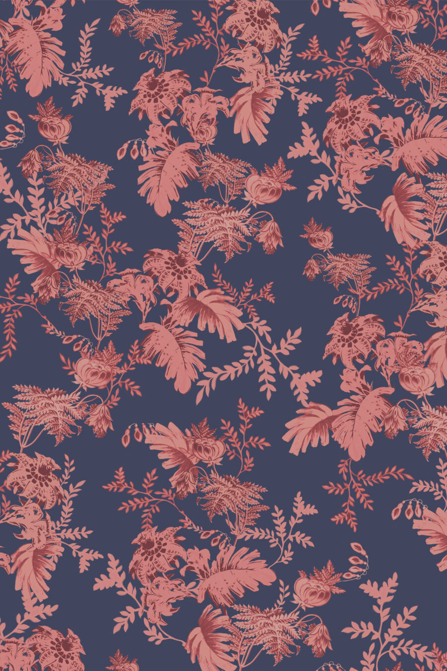 Mina Rouge wallpaper with dark background and orange red fern design