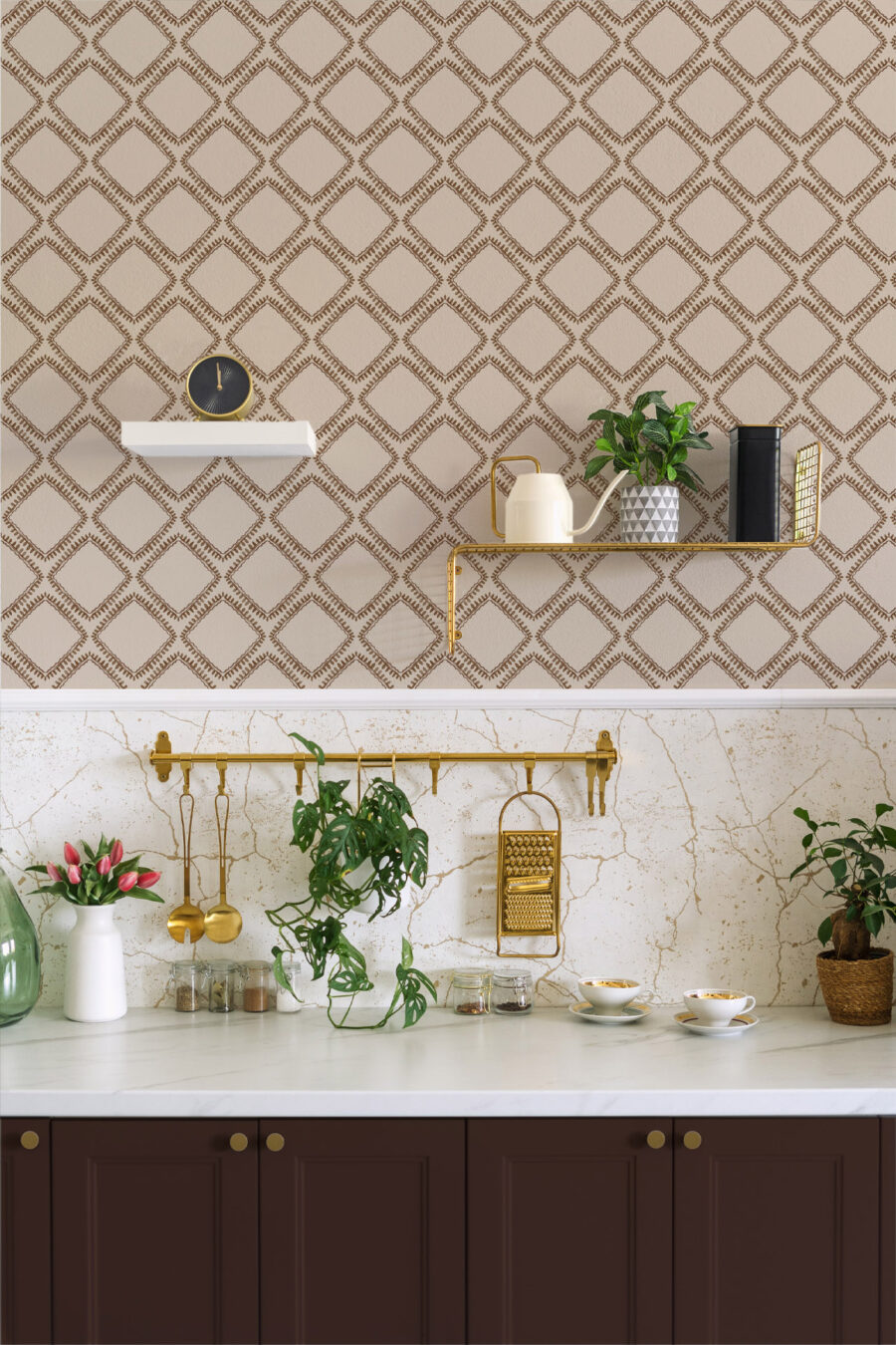 florence rust wallpaper with cream background and rust striking pattern used in kitchen above the splashbacks