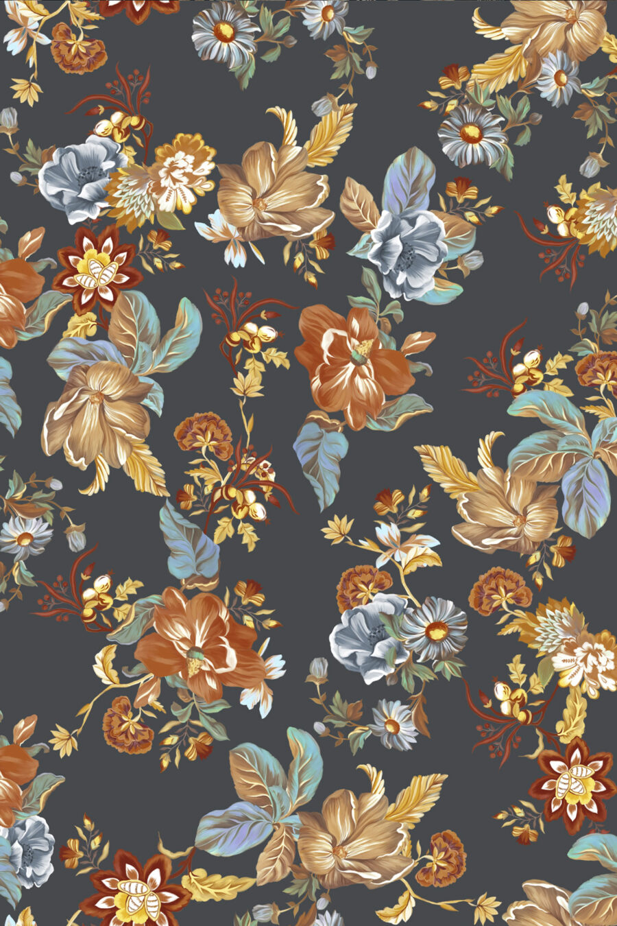 lottie midnight wallpaper with dark orange blue, green and beige floral design