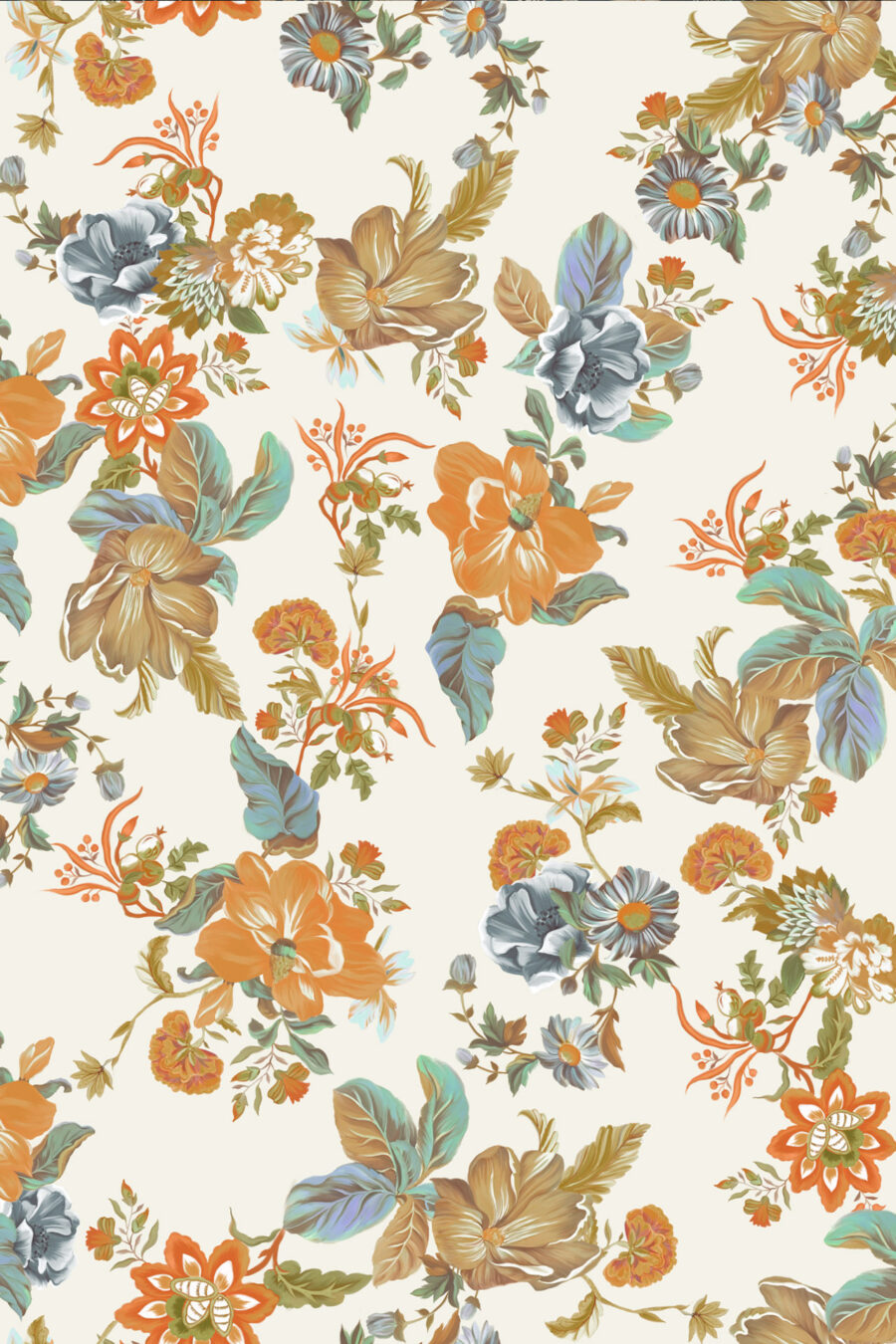 Lottie off white wallpaper with orange blue and green floral design