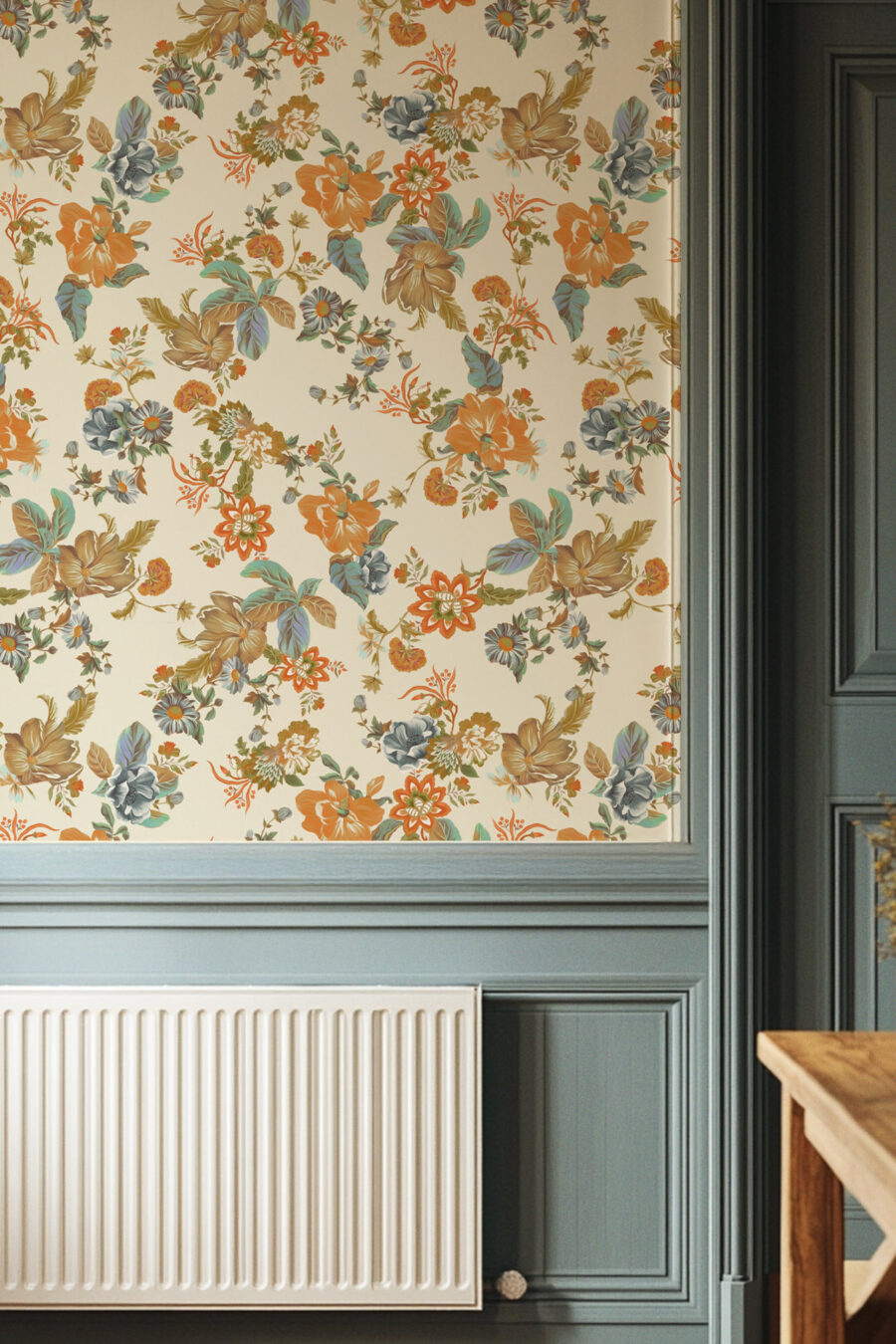 Lottie Off-white Wallpaperwith orange blue and green floral design used in hallway above an eggshell. blue pannelled area and next to a door.