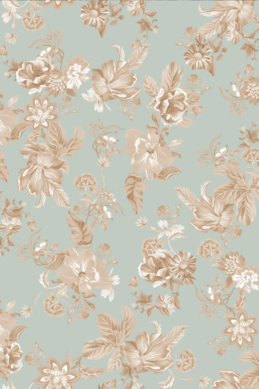 lottie pebble wallpaper on a delicate eggshell blue with gold, beige and cream flowers