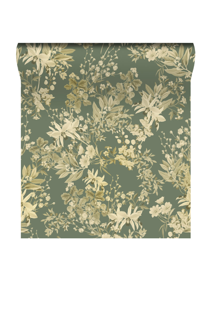 Dark green Iris wallpaper with light green and cream floral design