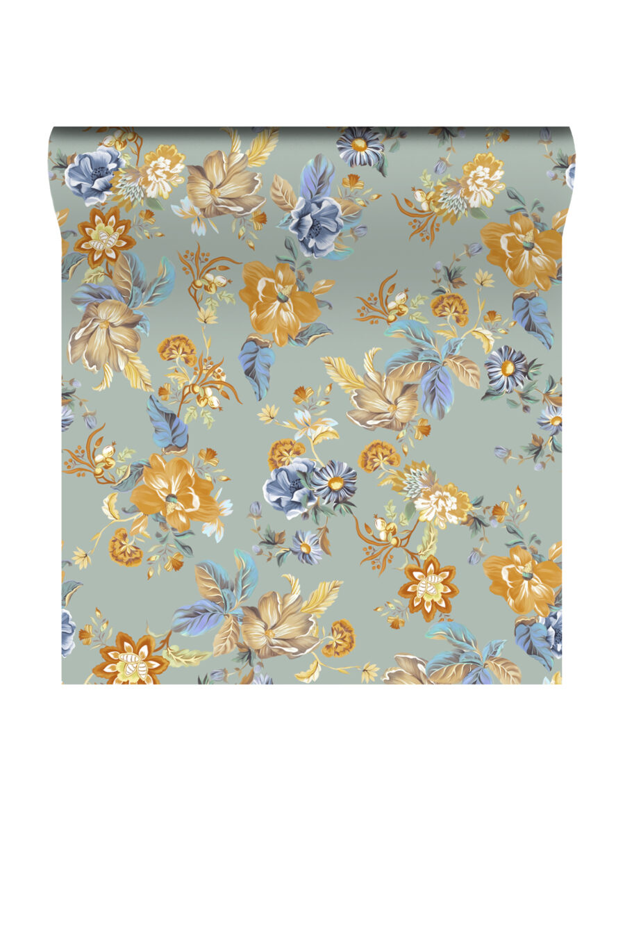 Beautiful teal Lottie wallpaper with rick mustard yellow, cream and blue and white floral design