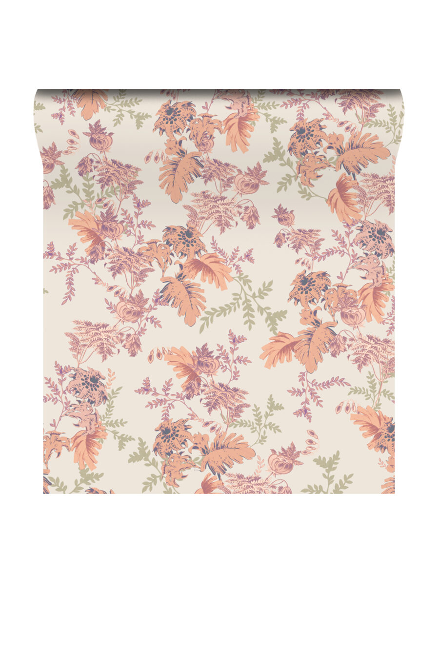cream floral wallpaper with pink, orange and green leaves called Mina wallpaper