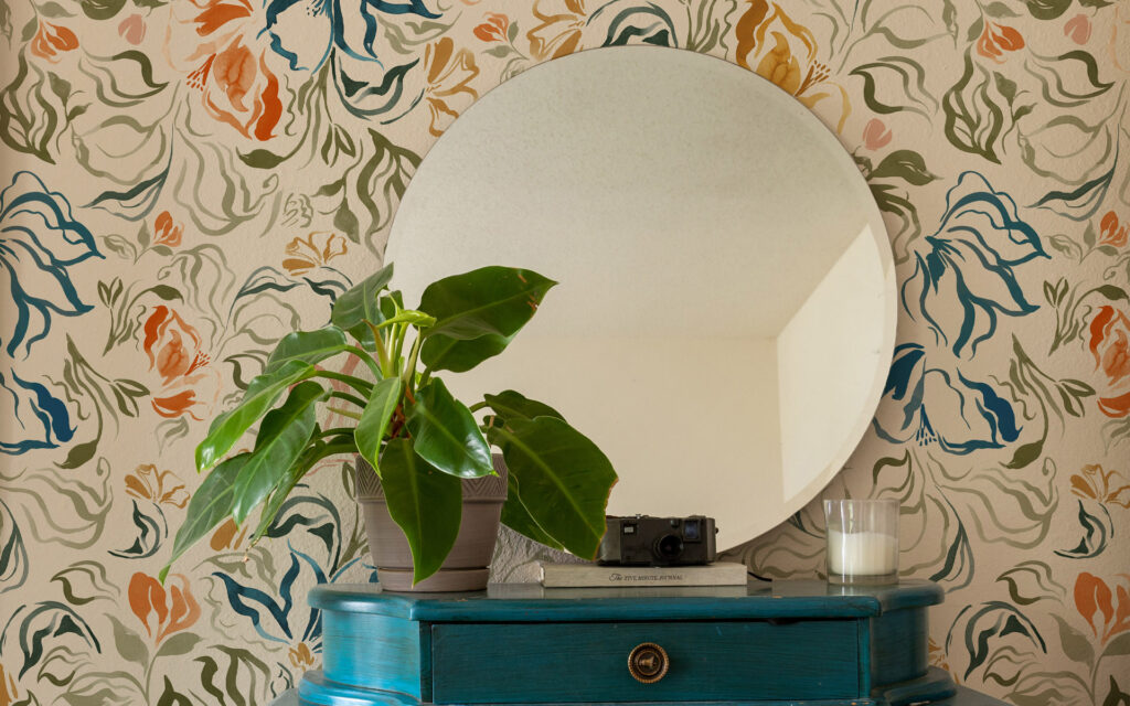Eva Off-White Wallpaper Teal Dresser Bedroom