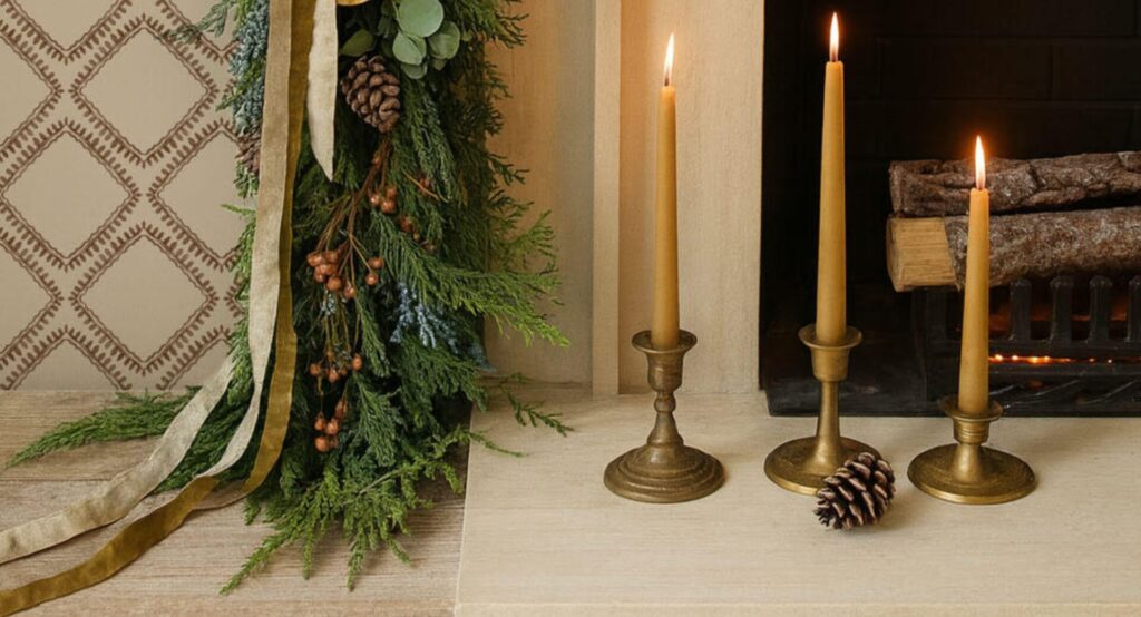 christmas candles and bespoke wallpaper by Curate space in the background