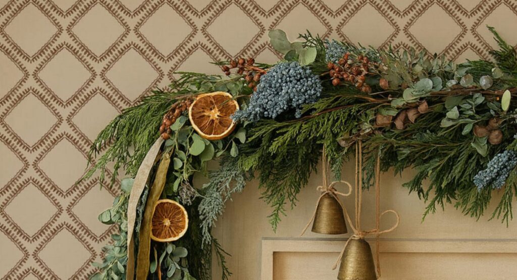 A christmas garland hanging over a fireplace with Curate Space's florence wallpaper in the background