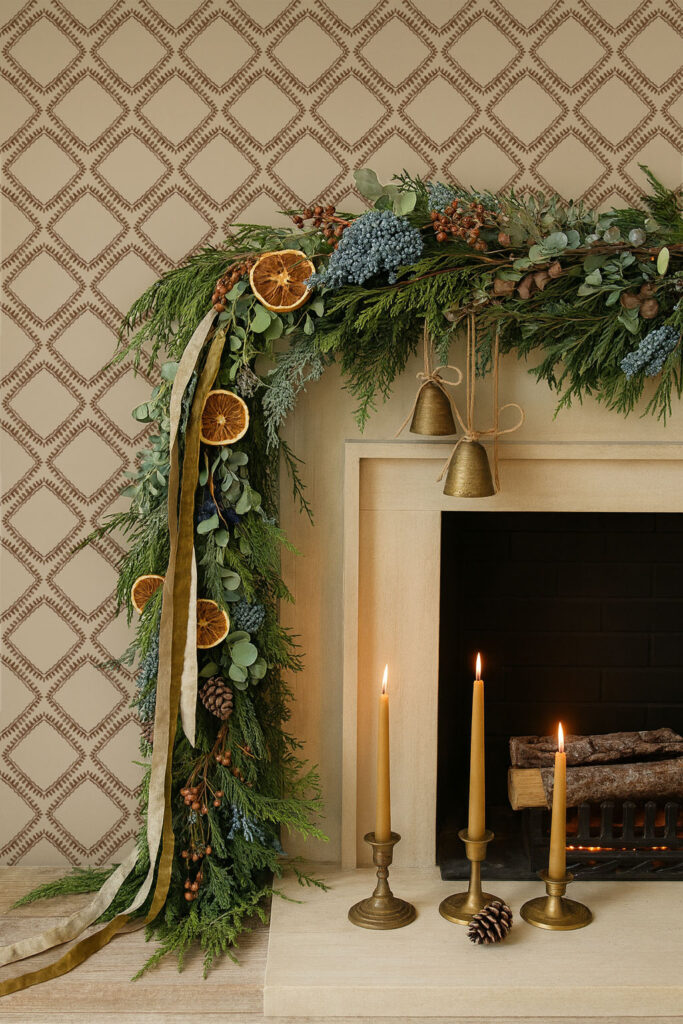 A beautiful Christmas fireplace, garland and candles with Curate Space florence rust wallpaper in the background