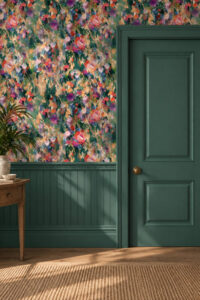 MARGOT GREEN door ws floral handpainted wallpaper with teal door